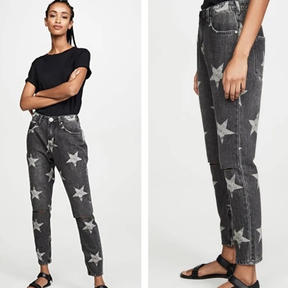 One Teaspoon Jeans Women‎ 27 Distressed Cut Knees All Over STAR Art Print Black - Picture 1 of 16